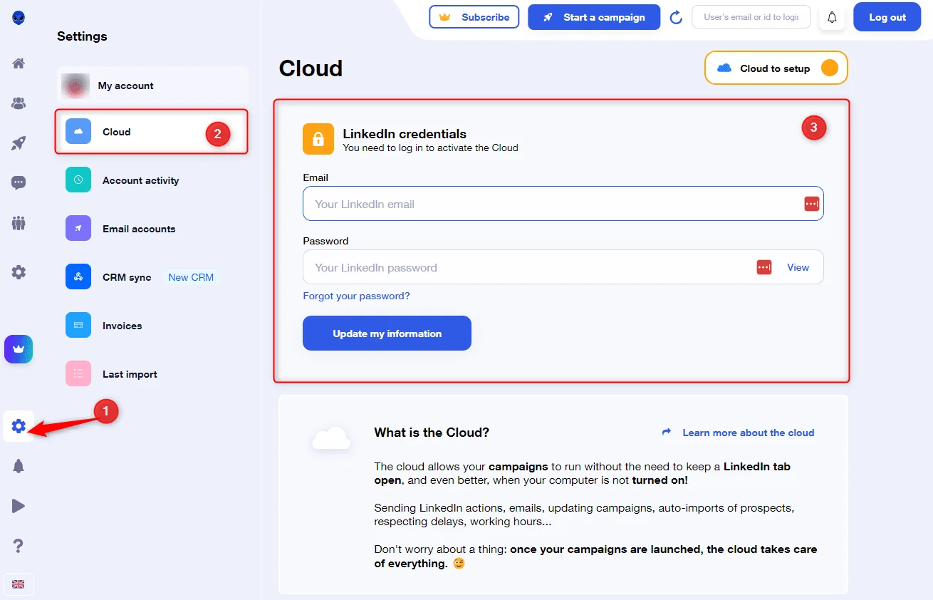 Paramètres cloud LinkedIn Waalaxy