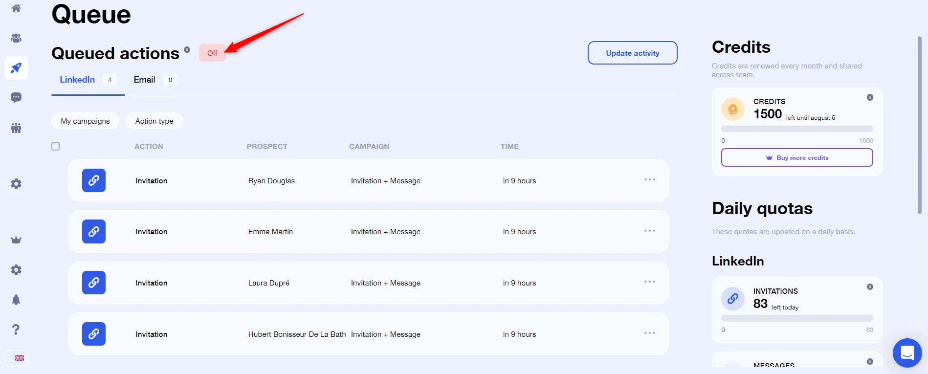File actions prospection Waalaxy