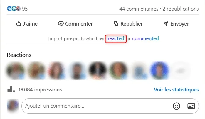 Page Facebook avec des réactions et statistiques d'engagement.