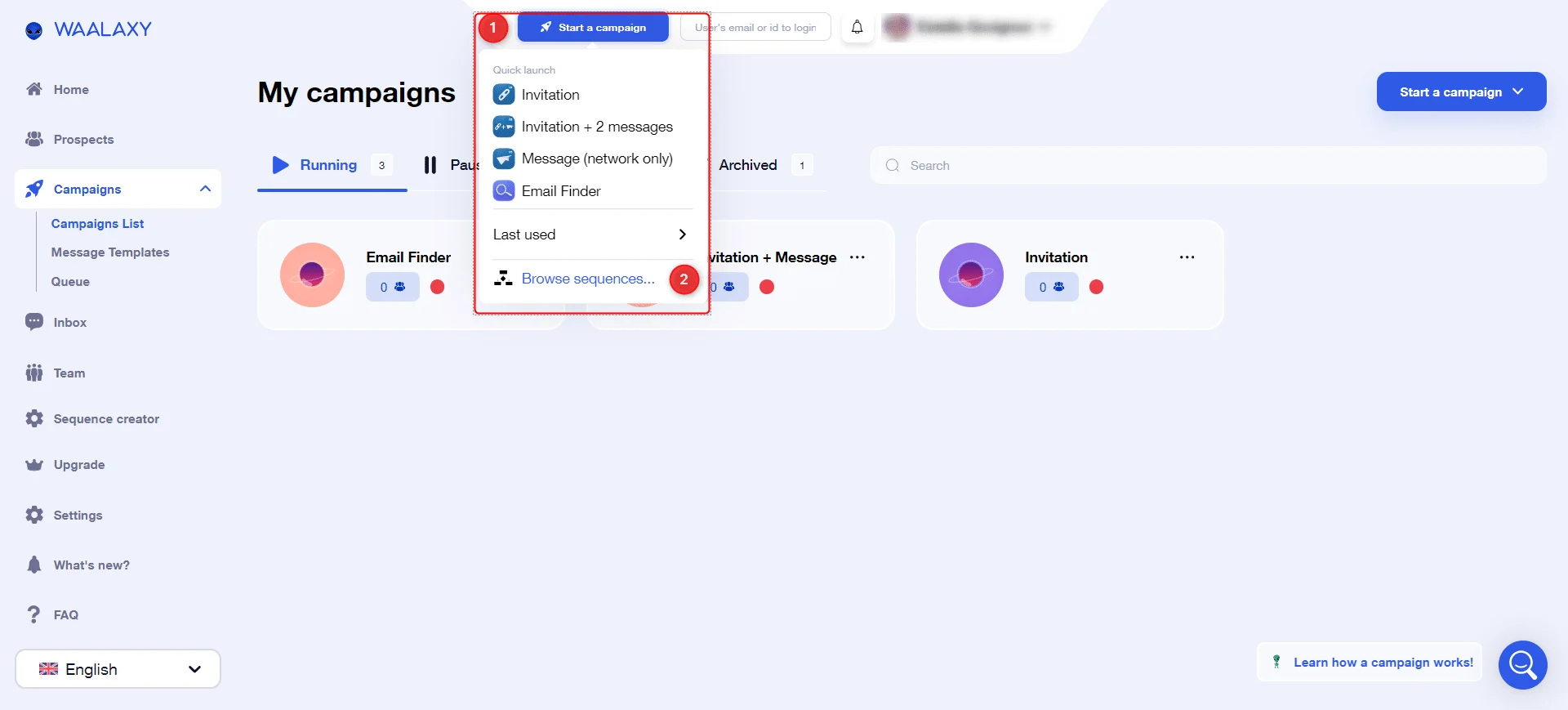 Start a Waalaxy campaign then Browse sequences