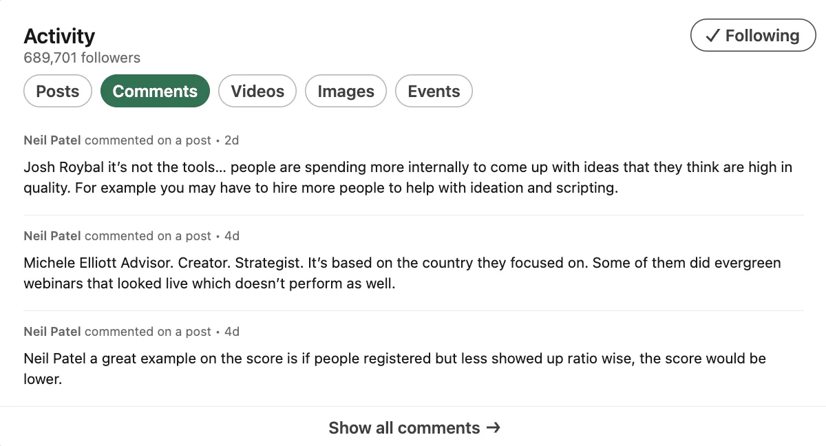 Estratégia de conteúdos e comentários no LinkedIn.