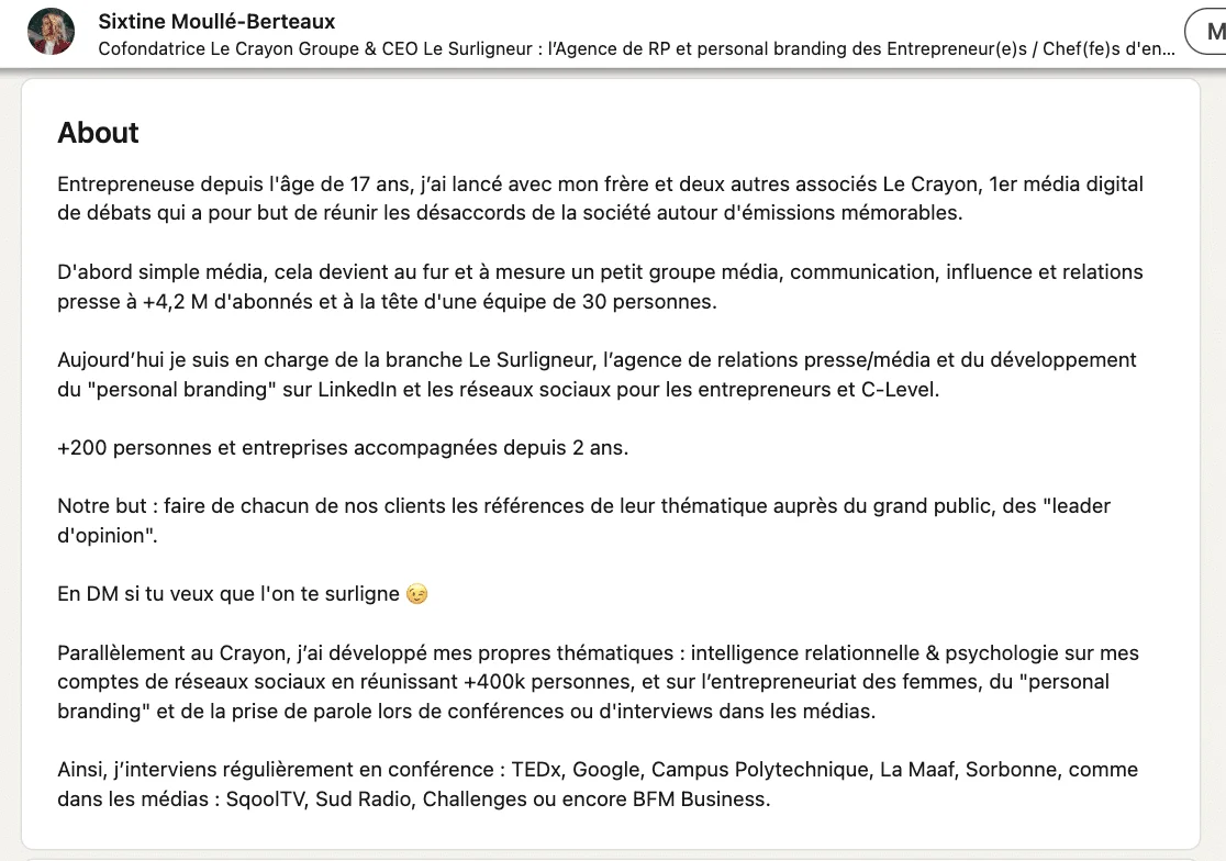 Presentazione su LinkedIn - esempio di sintesi