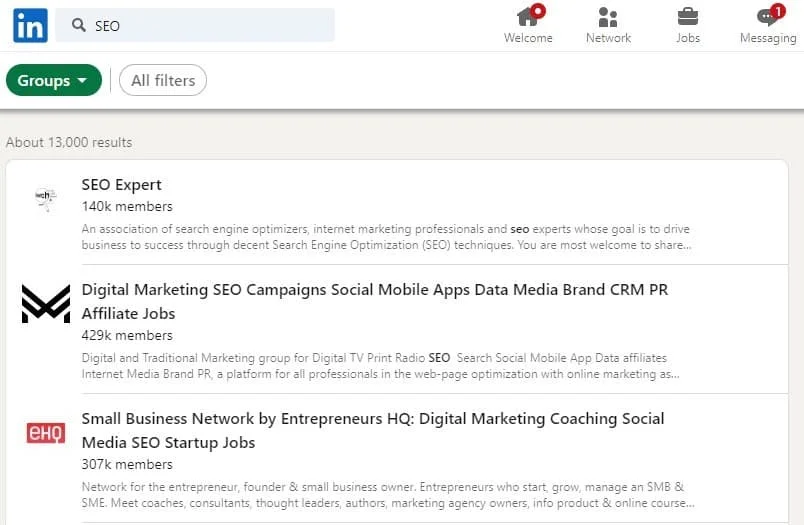 Résultats recherche LinkedIn groupes SEO