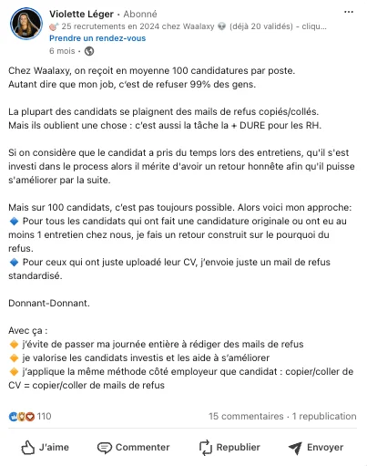 Exemple de post pour générer des leads sur LinkedIn.