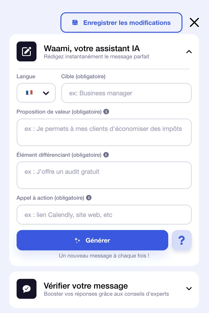 Escreva uma mensagem personalizada no Waalaxy com Waami.
