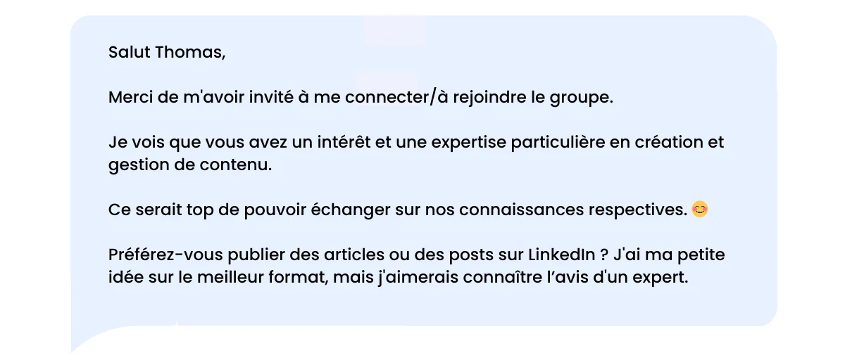 Mensagem de agradecimento do LinkedIn depois de aceitar um pedido de ligação ou um convite.