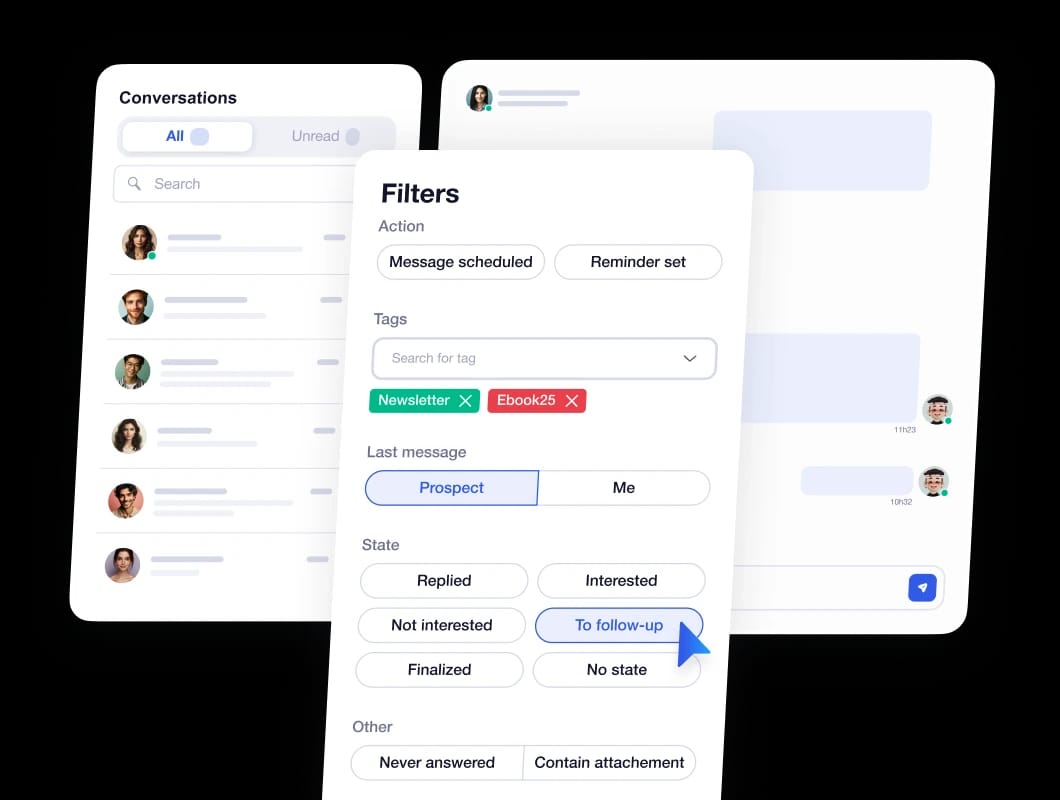 Filtrar las conversaciones de LinkedIn por etiqueta, estado y último mensaje en Inbox Waalaxy