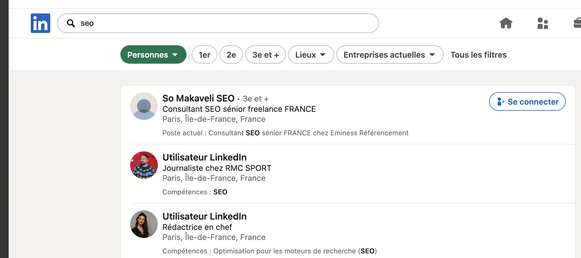 Recherche de personnes sur LinkedIn à l'aide des filtres de recherche
